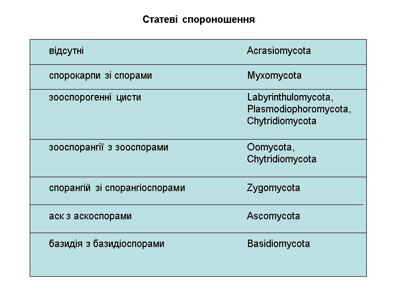 Статеві спороношення спорокарпи зі спорами    Myxomycota зооспорогенні цисти   